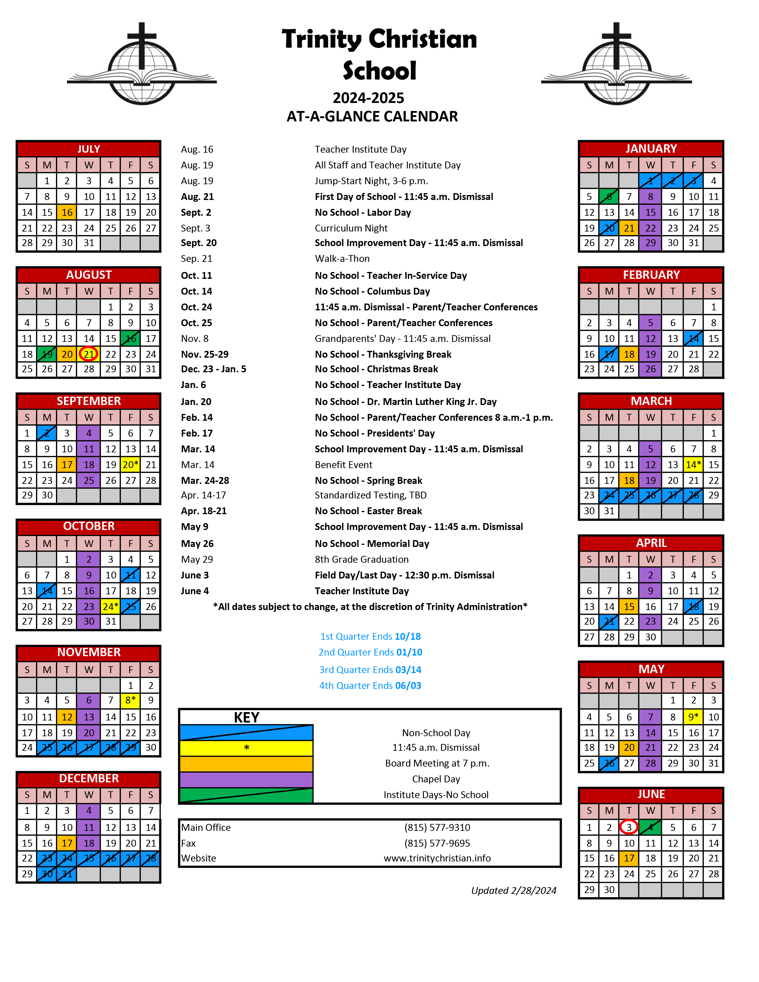 At a glance calendar trinity christian school
